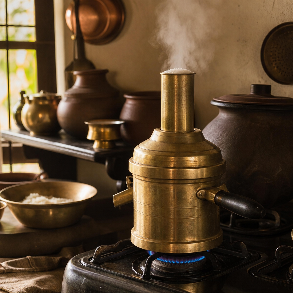 Traditional brass puttu kutti steamer on a gas stove in a Kerala home kitchen, steam rising from the cylindrical top, warm yellow morning light, earthenware and copper vessels in background, photorealistic, no text