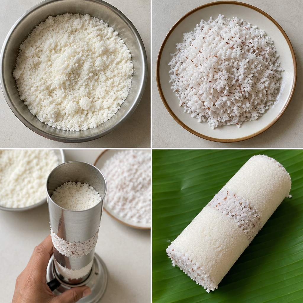Step-by-step flat lay of puttu preparation: moistened rice flour in a bowl, grated fresh coconut on a plate, a cylindrical puttu mold being filled with alternating layers, and a finished puttu cake on a banana leaf, bright natural daylight, top-down view, photorealistic, no text