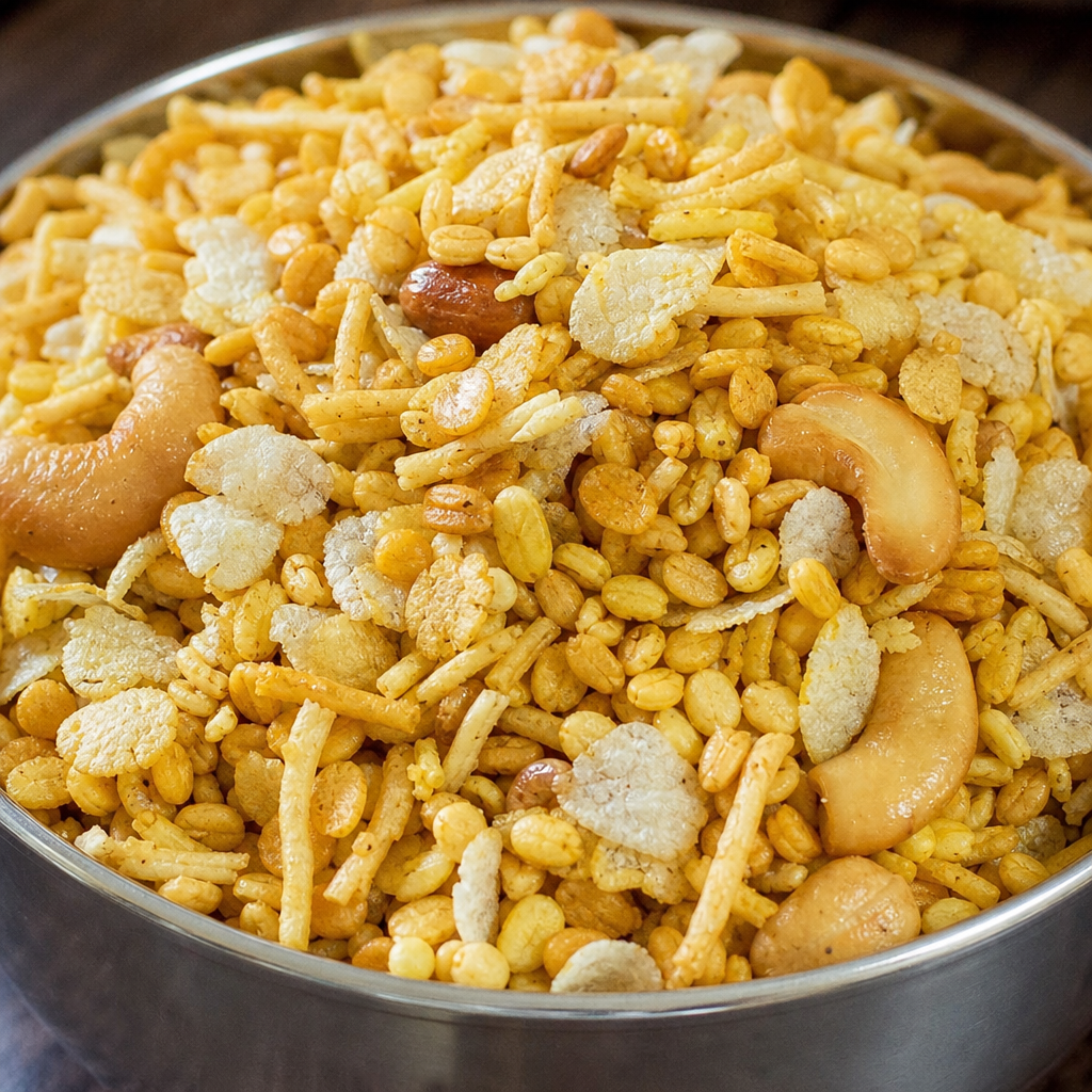 Close-up of a dal-based Indian namkeen mixture with fried moong dal, cashews, potato straws and rice flakes in a steel bowl, photorealistic, no text or logos
