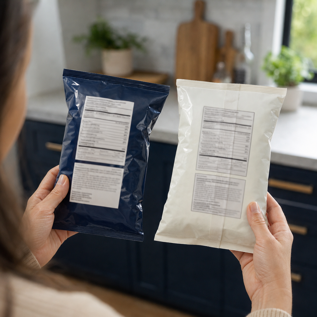 Hands holding two unbranded snack packets comparing back-of-pack ingredient and nutrition labels in a home kitchen, photorealistic, no readable text